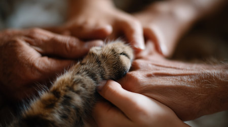 Gentle hands and paws connect during a quiet moment of affection at homeの素材