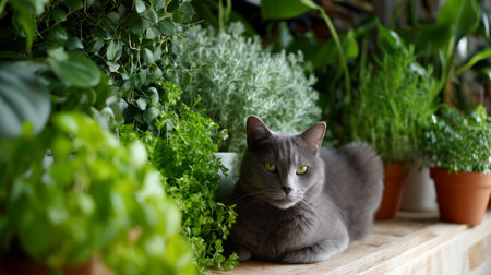 Grey cat relaxing among fresh green plants in a cozy indoor garden settingの素材