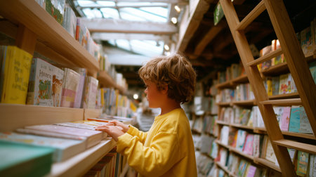 Child explores colorful books in a cozy bookstore filled with natural lightの素材