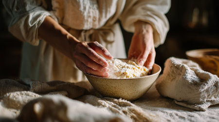 Baker kneads dough while preparing fresh bread in a rustic kitchenの素材