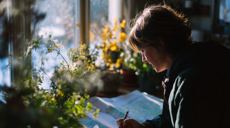Exploring nature through maps during a peaceful winter afternoonの素材
