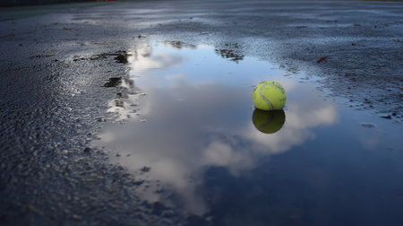 Tennis ball sits in a puddle reflecting clouds after a rain showerの素材