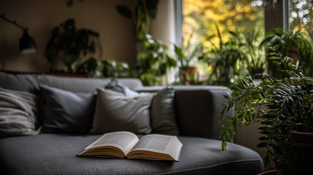 Cozy reading nook with open book and greenery in a warm-lit roomの素材