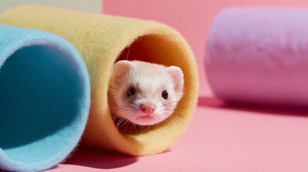 Cute ferret peeking out from colorful felt tubes in a playful settingの素材