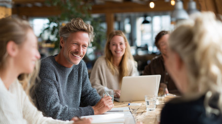 People engaging in a productive discussion at a casual workspace during the afternoonの素材