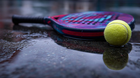Raindrops on a vibrant paddle and yellow ball after a rainy dayの素材