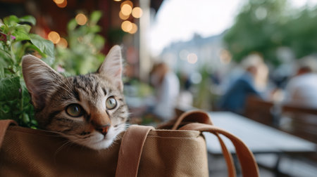 Cat enjoying a sunny day at a cafe on a busy street with people aroundの素材