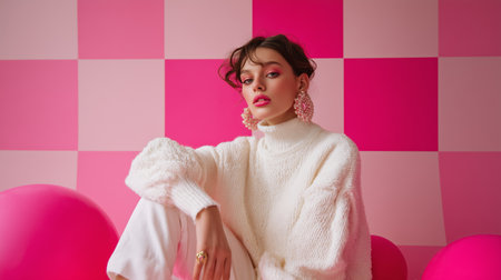 Fashion model poses in cozy white sweater against pink checkered backdropの素材