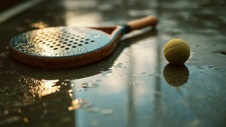 Wet tennis court with a paddle and ball reflecting morning light after the rainの素材