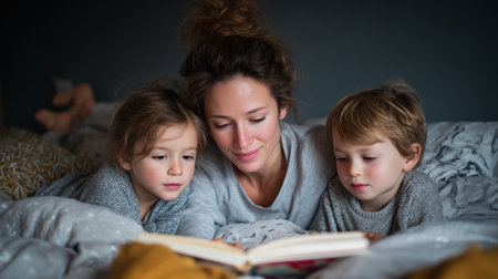 Mother reading a storybook to her children while relaxing in bed at homeの素材