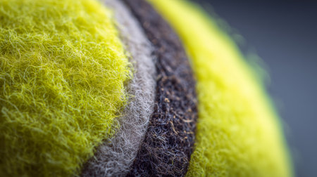 Close-up view of a fuzzy tennis ball showing texture and color detail during a gameの素材