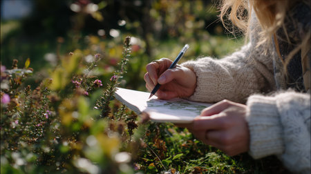Person sketching plants in a garden during a sunny day in natureの素材