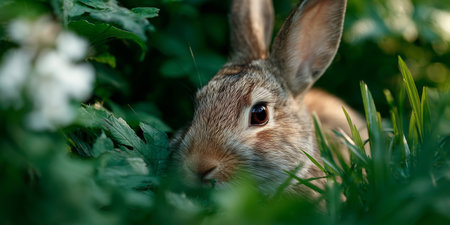 Wild rabbit hiding in lush green grass among flowers during sunny daytimeの素材