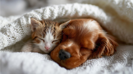 Cat and dog sleeping peacefully together under a cozy blanket in a warm roomの素材