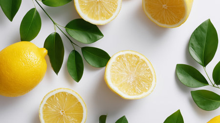 Fresh lemons and green leaves arranged on a bright surface for a vibrant displayの素材