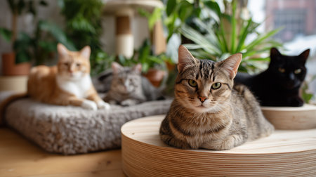 Cats resting peacefully in a cozy indoor space surrounded by plants and soft furnishingsの素材