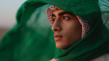 Young man wearing traditional attire gazing into the distance during sunsetの素材