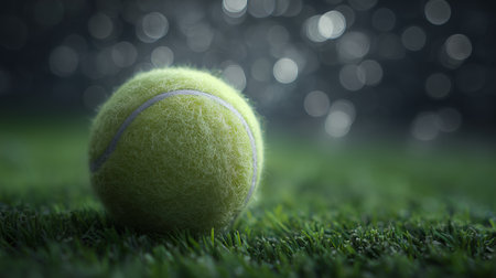 Tennis ball resting on grass with a blurred background of soft lightsの素材