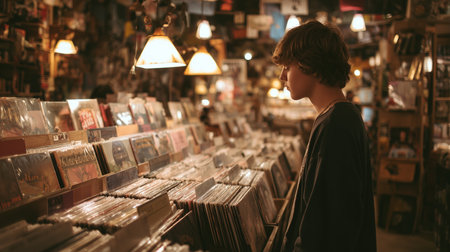 Teen browsing vinyl records in a cozy music store during evening hoursの素材