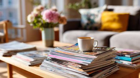 Cozy living room scene with coffee cup on a stack of magazines and flowersの素材