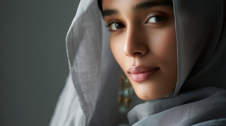 Young woman in hijab displays soft expression and serene beauty in indoor settingの素材