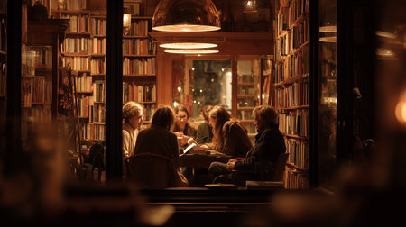 Group of people gathered around a table in a warm library late at nightの素材