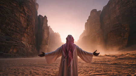 Man embraces the beauty of the desert canyon during sunsetの素材