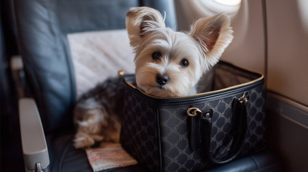 Dog traveling comfortably in a carrier on an airplane seat during a flightの素材