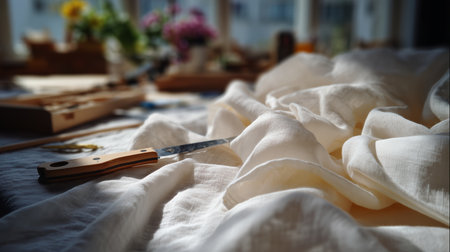 Crafting with soft linen and wooden tools in a bright workspace filled with flowersの素材