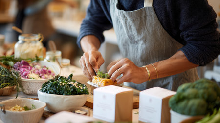 Preparing fresh ingredients in a cozy kitchen filled with colorful vegetables and herbsの素材