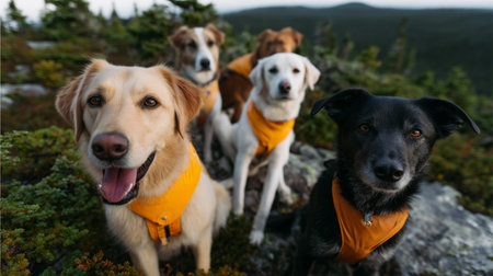 Five happy dogs in orange vests enjoying a scenic mountain view during late afternoonの素材