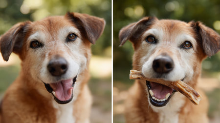 Happy dog enjoying a bone in a sunny outdoor park during a cheerful afternoonの素材