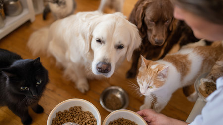 Multiple pets eagerly waiting for food in a cozy indoor setting during mealtimeの素材