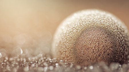 Close-up view of a bubble covered in tiny droplets in a warm background settingの素材