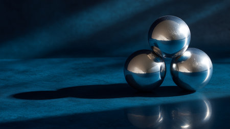 Shiny metallic spheres arranged in a triangle on a dark surface with dramatic lightingの素材