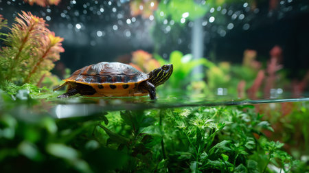 Turtle swimming in a vibrant underwater garden with lush green plantsの素材