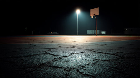 Nighttime basketball court illuminated by a single streetlight in an urban areaの素材