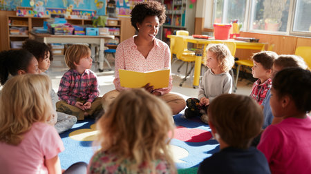 Teacher reads story to children in classroom during sunny morning sessionの素材
