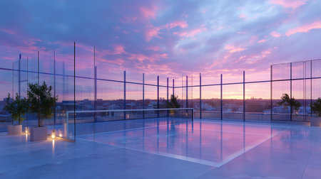 Stunning rooftop pool area at sunset with colorful sky and modern architectureの素材