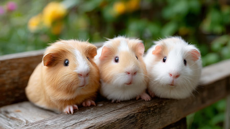 Adorable guinea pigs sitting close together on a wooden bench in a garden settingの素材