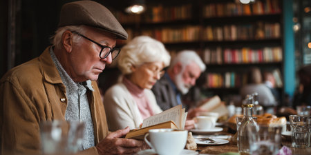 Senior group enjoying reading time at a cozy cafe in the afternoonの素材