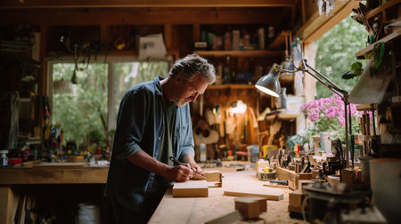 Skilled carpenter working on handcrafted wooden pieces in a bright workshopの素材