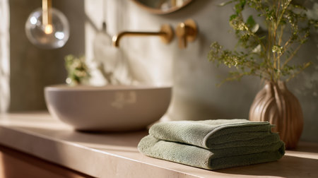 Stylish bathroom setting featuring soft towels and elegant decor with natural lightの素材