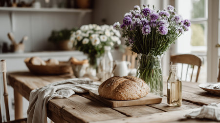 Freshly baked bread and flowers create a cozy kitchen atmosphere in a rustic homeの素材