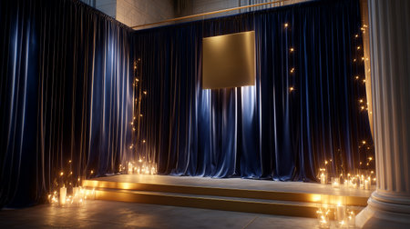 Elegant display featuring curtains, candles, and a golden backdrop in a grand settingの素材