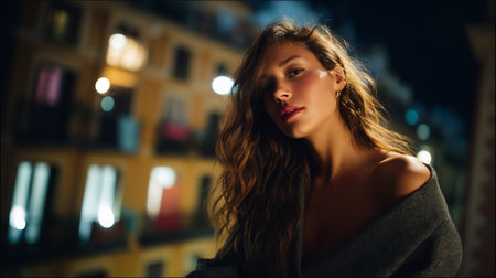 Woman posing gracefully on a balcony during a vibrant night in a cityscapeの素材