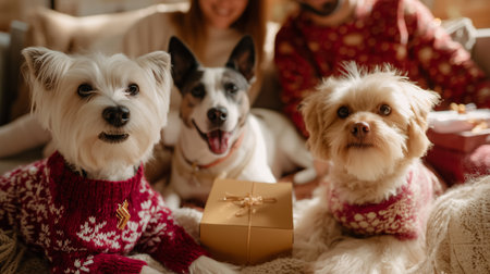 Dogs in festive sweaters enjoying a cozy holiday setting with family and giftsの素材