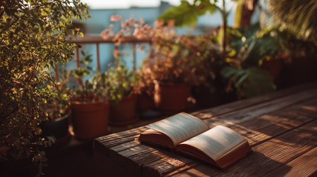 Relaxing reading moment on a wooden table surrounded by green plants in a cozy spaceの素材