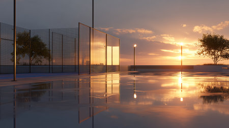 Sunset view over a modern court with reflections and illuminated treesの素材