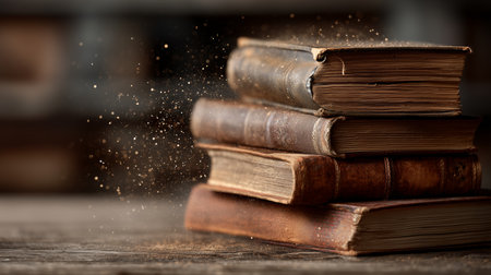 Dusty old books stacked on a wooden table in a cozy library settingの素材